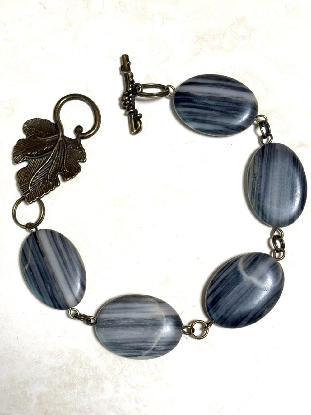 2/$20, Genuine Dark Grey Banded Agate Bracelet w/ Bronze Grape Leaf Toggle